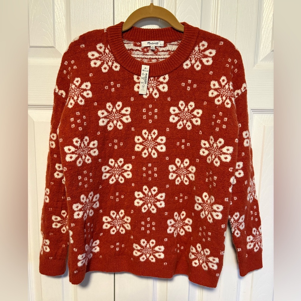 Madewell Rusty Red and White Floral Sweater - runs big, pit to pit is 19” - Picture 1 of 4